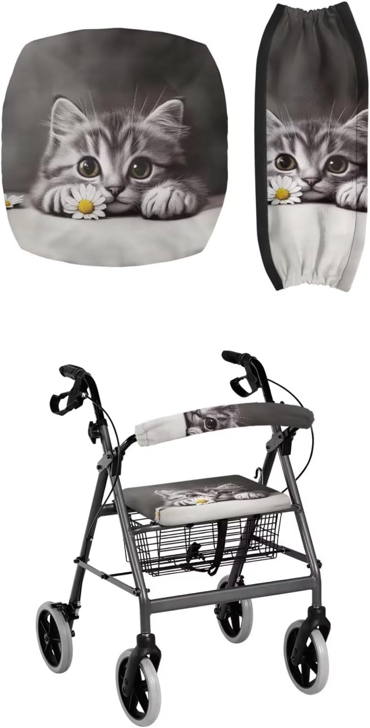 LedBack Cute Cat Rollator Walker Seat and Backrest Covers Gray Rollator Seat Cover Rollator Walker Accessories Walker Covers - Image 1